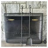 (3pc) Fireplace Tools And Screen | Including fireplace brush and fire poker; plus screen with gold h