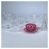(7pc) Cut Crystal And Glass Pieces | Comprising two blown glass pictures with spouts, a cut glass co
