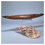 (2pc) Wood Boat & Seashell | Boat has carvings of fish and the words “Bula Fiji”. Shell measurements