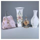 (4pc) PINK PURSE Art glass, POTTERY VASE, IRISH VASE AND SMALL ART VASE | Pink handbag vase, white w