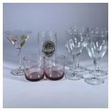 (8pc) ASSORTED GLASSES AND MARTINI GLASS | Two matching rose colored small glasses, four white wine 