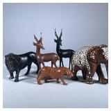 (5pc) Carved Wood Animals | Including two matching antelopes in brown and black, roaring black lion 
