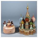 (2pc) WOODEN MUSIC BOX & CARVED ST. BASIL CATHEDRAL | Wooden carved music box in working order, the 