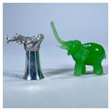 (2pc) Glass Elephant And Deer Shot Glass | Green glass elephant and metal deer shot glass; shot glas