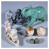 (8pc) Carved Stone ANIMAL & FISHERMAN Pieces | Including a green elephant, two gray lions, four eggs