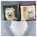 (3pc) NEEDLPOINT & LINEN Pillows | Including a white linen and cotton embroidered heart and two need