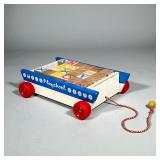 Vintage Child’s PLAYSKOOL Pull Toy | Playskool wagon on wheels with colored numbers and letters bloc
