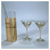 (3pc) CHRISTMAS MARTINI SET | Including pair of Christmas holly decorated martini glasses and decora