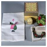 (4pc) CHRISTMAS ORNAMENTS & MISC. | Two ornaments, set of coasters, and hand painted tea towel. - h.