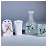 (4pc) Bathroom Glassware/Pottery | Portugal ceramic toothbrush holder, white plain cup, lily of the 