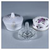 (3pc) Trinket Covered Dishes | Off white Royal Copenhagen dish with mouse handle and leaf design on 