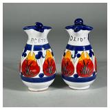 (2pc) ITALIAN CERAMIC OIL & VINEGAR JUGS | Set of Italian glazed ceramic hand-painted lidded pitcher