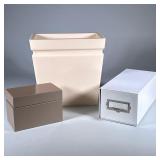(3pc) Office Items | Including cream colored cast stone resin waste paper basket, a metal hinged sto