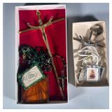 Religious Items | Two metal crosses, two rosaries, a wooden cross necklace, a Heart of Mary green fe
