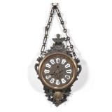 FRENCH CHATELAINE WALL CLOCK | With enameled porcelain Roman numeral markers, with sun king pendulum