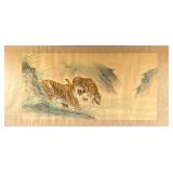 ASIAN SCROLL PAINTING OF TIGER | Two tigers in a river. 23 x 46.5 in. sight. Signed on right side - 