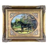 Horse Oil Painting On Board | Black horse in pasture Oil on board. In a gilt carved frame - h. 13.5 