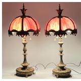 (2pc) PAIR SLAG GLASS LAMPS | Pair of gilt brass & pink slag glass lamps - h. 36 x dia. 15.5 in