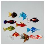 (10pc) Collection Murano Glass Colored Fish | Ten glass fish with multicolored swirl design, six wit