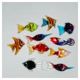 (10pc) Collection Colorful Murano Glass Fish Ornaments | Ten Murano glass multicolored swirled glass