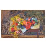 MIXED MEDIA STILL LIFE SKETCH | Still life with flowers. Oil on paper laid on board. No apparent sig