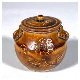 SMALL CERAMIC POT | Brown glazed pottery jar with lid, with incised floral decoration - h. 2.5 x w. 