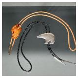 (2pc) STERLING & AGATE BOLO TIES | Including a bolo tie with a black cord suspending a sterling silv