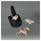 (3pc) SILVER ANIMAL JEWELRY | Including a sterling silver horse head form pin decorated with marcasi