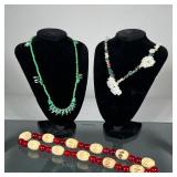 (3pc) BEADED COSTUME NECKLACES | Three beaded costume necklaces including a green chip stone necklac