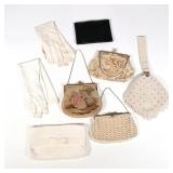 (8pc) ANTIQUE BEADED PURSES AND GLOVES | Tapestry purse with rhinestone clasp and mirror inside, tap