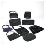 (9pc) Antique Black Satin Purses | Including a black beaded clutch, a fringed purse with strap, clut