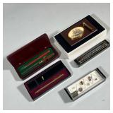 Misc Pins, Pens & Desk Items | Including six pins: a faux pearl, two warriors, one with a blue stone