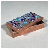 ENAMEL TIN CONTAINER | Tin container with removable lid, having blue and yellow flower enamel detail