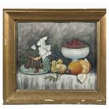 Still Life Oil Painting | ruit, cake and flowers still life painting on board. Gold gilted frame. 14