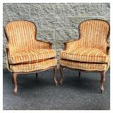 (2pc) PAIR FRENCH ARMCHAIRS | Pair of carved wood French armchairs with striped orange upholster, fl
