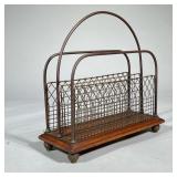 ANTIQUE OAK & BRASS WIRE MESH MAGAZINE RACK | Late 19th/ early 20th century, having an oak base with