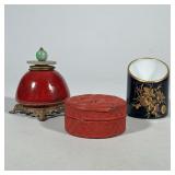 (3pc) MIXED CERAMIC, PORCELAIN, CINNABAR OBJECTS | One ceramic snuff bottle with jade top and brass 