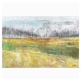 Oil Painting On Canvas | A field in greens and yellows in front of a forest of trees with a gold whi
