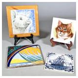(4pc) CERAMIC ANIMAL TILES | Mixed ceramic painted tiles. 1 featuring a pig with a wooden frame, 1 f