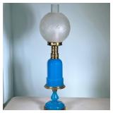 Blue Glass Oil Lamp, Electrified | Blue electrified Oil lamp with brass trim and vintage etched glas