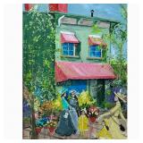 COLORFUL OIL PAINTING | Colorful scene of ladies and children outside shop surrounded by flowers. Si