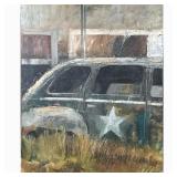 VINTAGE CAR OIL PAINTING | Scene of an old, run down car along side a building/barn. Oil on canvas. 