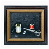 Oil On Canvas Still Life | Spools of thread, bobbin and pair of scissors with black background. Sign