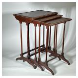 (3pc) NESTING TABLES | Set of 3 nesting tables with inlay top and spindle carved legs. Dimensions: h