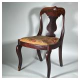 NEEDLEPOINT CHAIR | Carved wood chair with curved back and avian needlepoint upholstered chair Dimen