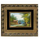 Oil Painting On Board | Small scene of a sailboat near a boat house on a lake. Signed W. Morris bott