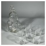 (7pc) FORMED GLASS BOTTLE & GLASSES | Formed glass bottle figure with 7 etched glass drinking glasse