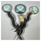 (3pc) Large Horn Handled Magnifying Glasses | Three long horns with attached brass magnifying glasse