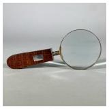 Sterling Silver Mounted Leather Handle Magnifying Glass | Marked Sterling on the mount, with a maker