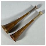 (2pc) Antique Copper & Brass Silverplate Fox Hunting Horns, Swaine & Adeney | Including a hunting ho